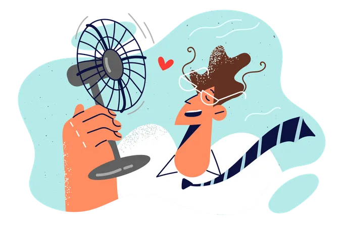 Man With Electric Fan In Hand Is Trying To Freshen Up After Returning From Street In Hot Summer Weather Guy In Business Clothes Uses Fan Due To Lack Of Air Conditioning In Office イラスト