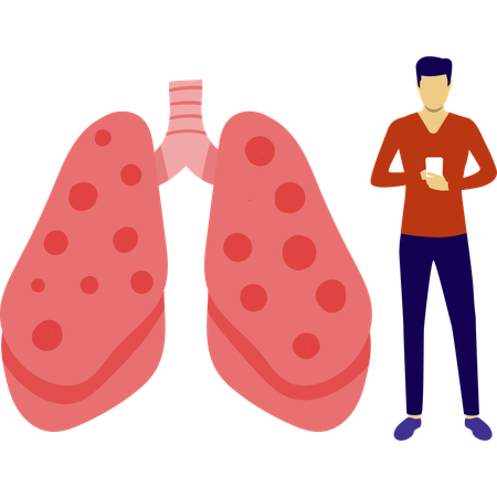 Man is using mobile standing near lungs  Illustration