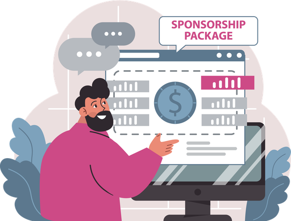 Man is viewing at online sponsorship package  Illustration