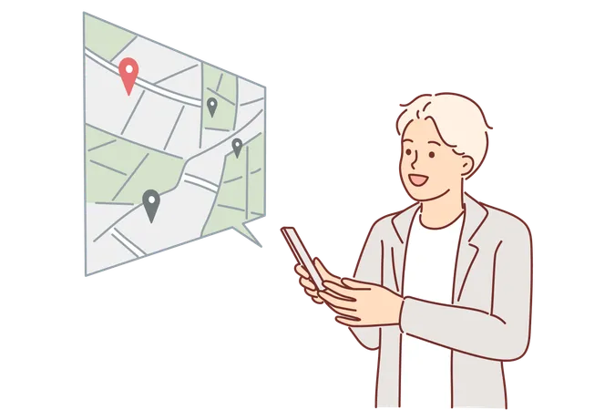 Man Uses Navigator On Phone And Builds Route On Map Or Looks For Location Of Institution Of Interest Guy With Mobile Navigator Is Exploring New City Or Booking Place To Visit Via Internet Illustration