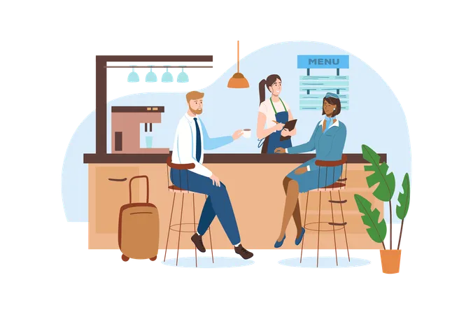 Airport Blue Concept With People Scene In The Flat Cartoon Style Man Is Waiting For His Flight In An Airport Cafe Vector Illustration Illustration