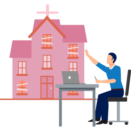 男性が大聖堂の周りで働いている  イラスト