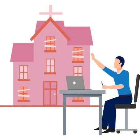 男性が大聖堂の周りで働いている  イラスト