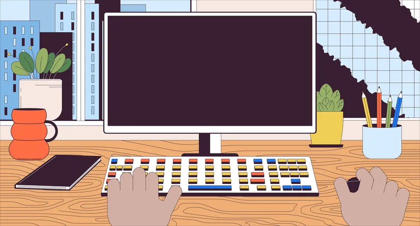 Black Man Working On Computer 2 D Linear Illustration Concept Blank Screen Monitor At Workplace Cartoon Scene Background Office Workspace With Pc Metaphor Abstract Flat Vector Outline Graphic Illustration