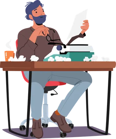 Author Male Character Immersed In Thought With Typewriter And Crumpled Papers On Desk Man Writer Crafting Worlds Into Stories Concept Of Creative Profession Cartoon People Vector Illustration Illustration