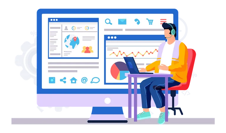 Man Works With Financial Data And Business Statistics Guy In Headphones Is Watching Video Screen With Graphs And Data Charts In The Background Male Character Is Talking Into The Microphone Illustration
