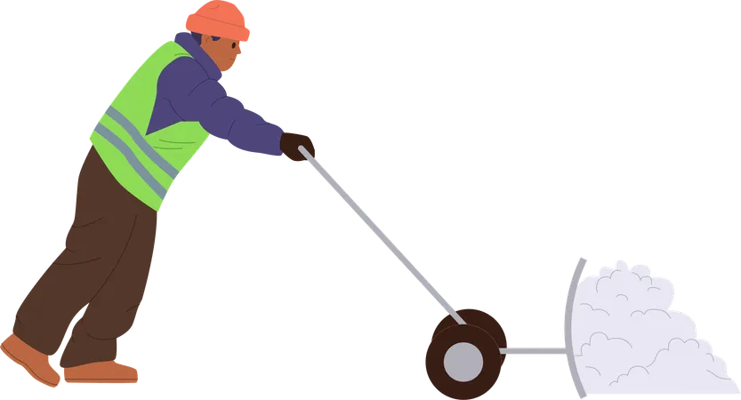 Man janitor in uniform cleaning street with manual snow plow scraper tool  Illustration