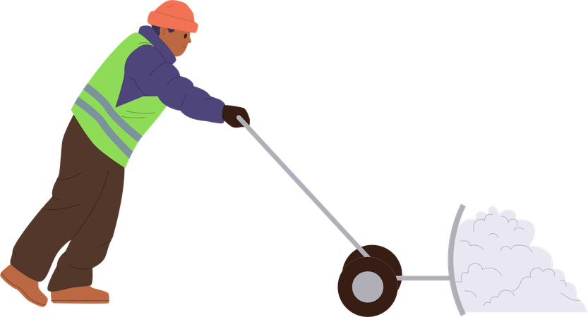 Man janitor in uniform cleaning street with manual snow plow scraper tool  Illustration