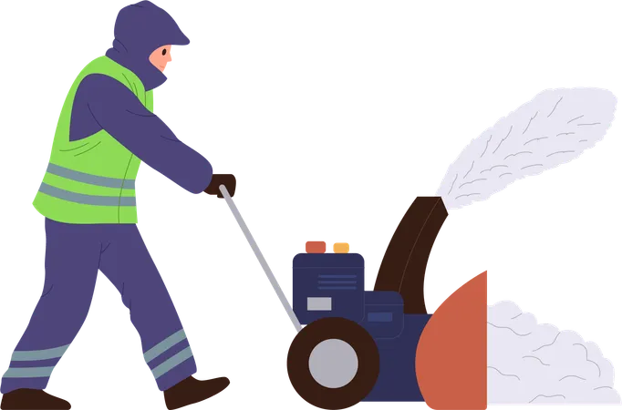 Man janitor in uniform using automatic snow blowler machine for cleaning street  Illustration
