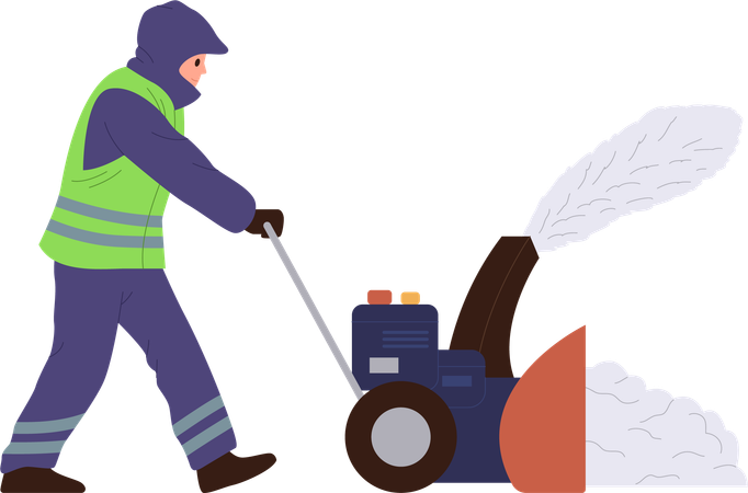 Man janitor in uniform using automatic snow blowler machine for cleaning street  Illustration