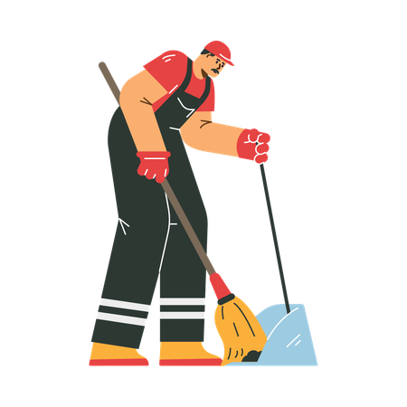 Man janitor with broom and scoop collects garbage  Illustration