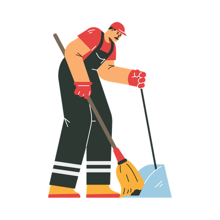 Man janitor with broom and scoop collects garbage  Illustration