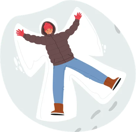 Man Joyfully Lies In Freshly Fallen Snow Moving His Arms And Legs To Make Snow Angels Character Leaving Behind Whimsical Imprints On The Glistening White Canvas Cartoon People Vector Illustration Illustration