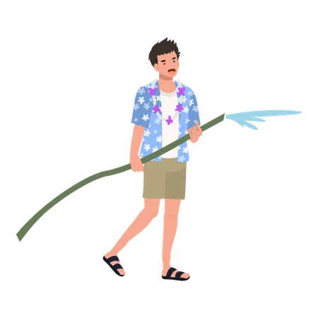 Man Joyfully Splashing Water from Hose  Illustration