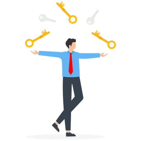 Secret Key Or Method To Achieve Success Search For Business Development And Growth Strategy Getting New Opportunities Creative Thinking To Solve Difficulties Plan Of Career Man Juggles With Keys Vector Illustration