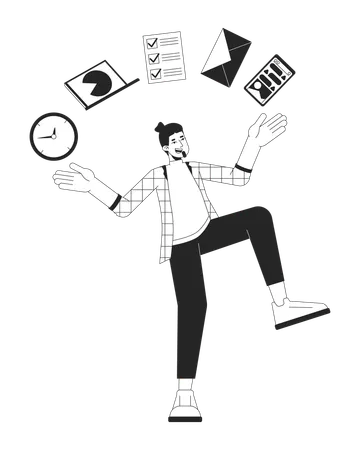 Man Juggling Of Tasks Bw Concept Vector Spot Illustration Man Balancing On One Leg 2 D Cartoon Flat Line Monochromatic Character For Web UI Design Productivity Editable Isolated Outline Hero Image Illustration