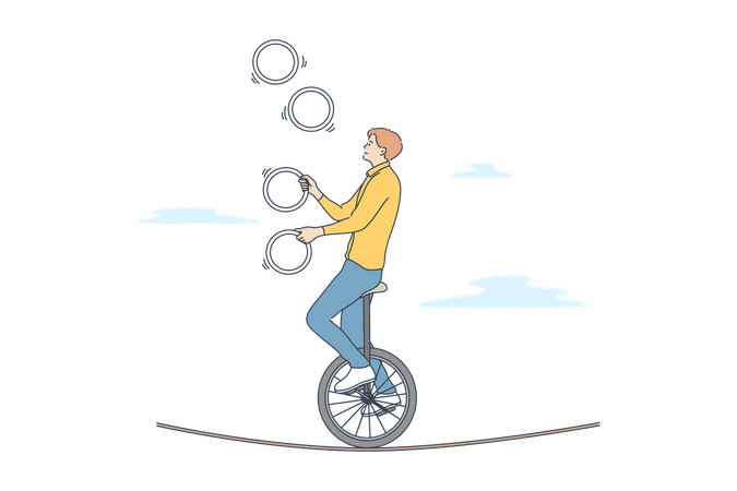 Man juggling ring on tight rope  Illustration