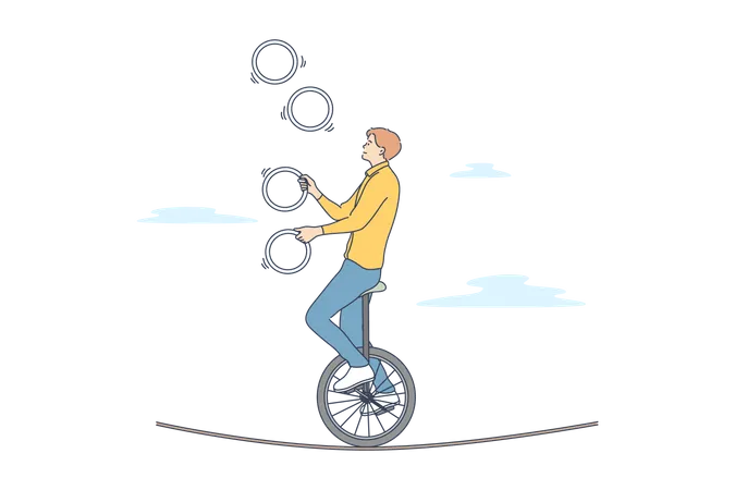 Man juggling ring on tight rope  Illustration