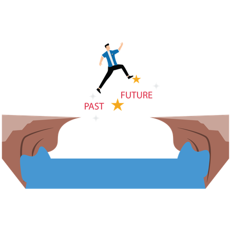 Man jump on a cliff from past to future  Illustration