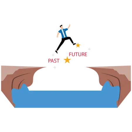 Man jump on a cliff from past to future  Illustration