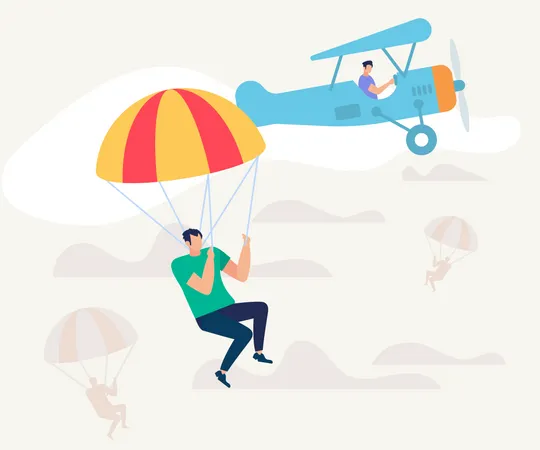 Young Man Character Fall Down Jumped From Airplane With Parachute On Sky Background With Clouds Blue Retro Plane With Pilot Skydiving Extreme Sport Summer Activity Cartoon Flat Vector Illustration Illustration
