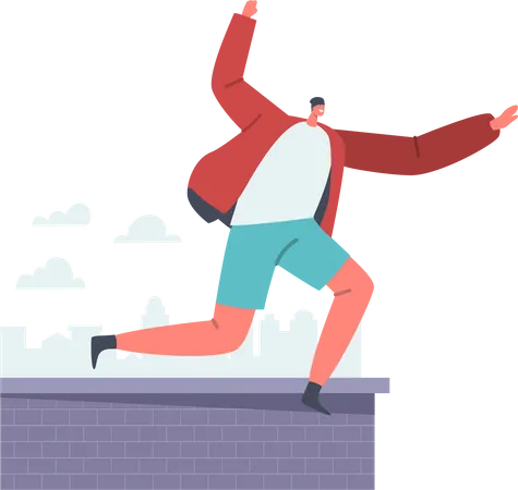 Young Man Practicing Parkour In City Jumping Over Walls And Barriers On Street Freerunner Character Urban Sports Active Lifestyle Training Tricks Extreme Stunts Cartoon People Vector Illustration Illustration