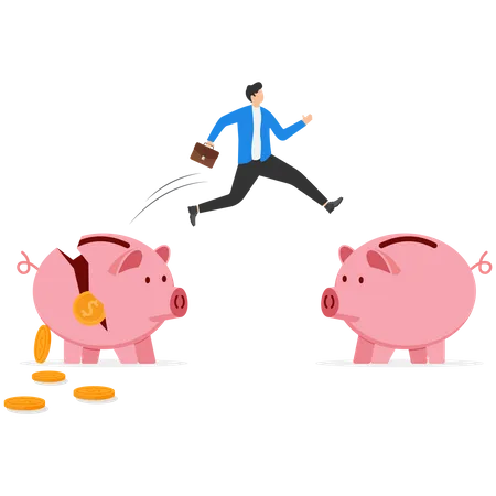 Man jumping one piggy bank to other piggy bank  Illustration