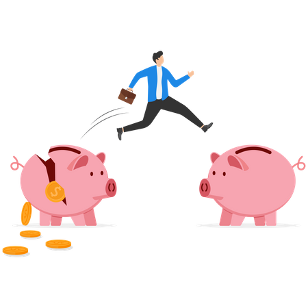 Man jumping one piggy bank to other piggy bank  Illustration