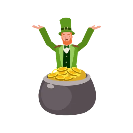 St Patricks Day Celebration Man In Leprechaun Costume Is Jumping Out From Gold Pot Illustration
