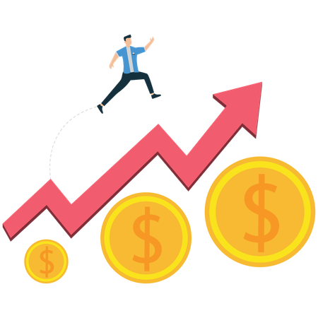 Man jumping over rising arrow and coins  Illustration