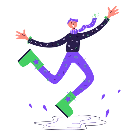 Man jumping through puddles Illustration
