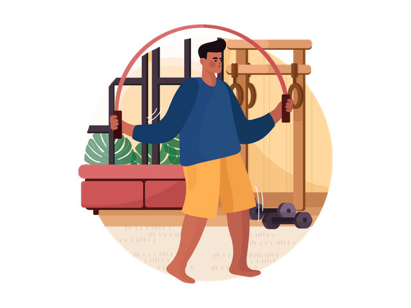 Man jumping with skipping rope at home Illustration
