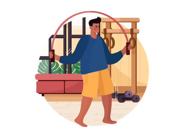 Man jumping with skipping rope at home  Illustration