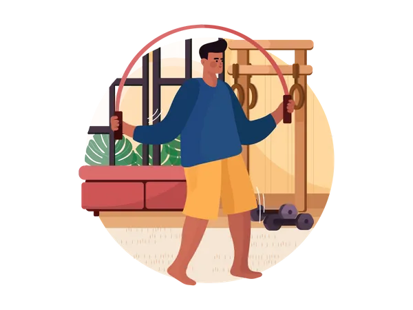 Man jumping with skipping rope at home  Illustration