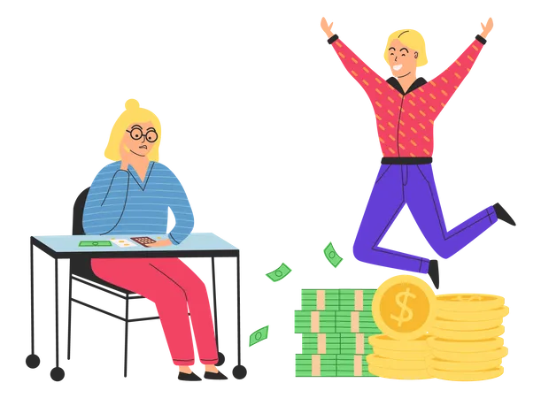 Man jumps and enjoys wealth and poor woman saving money Illustration