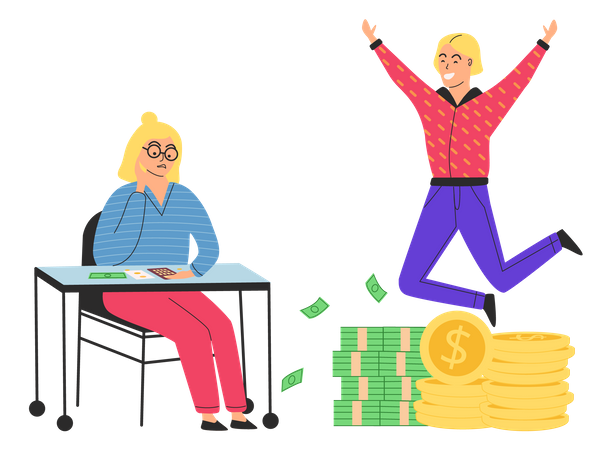 Man jumps and enjoys wealth and poor woman saving money  Illustration