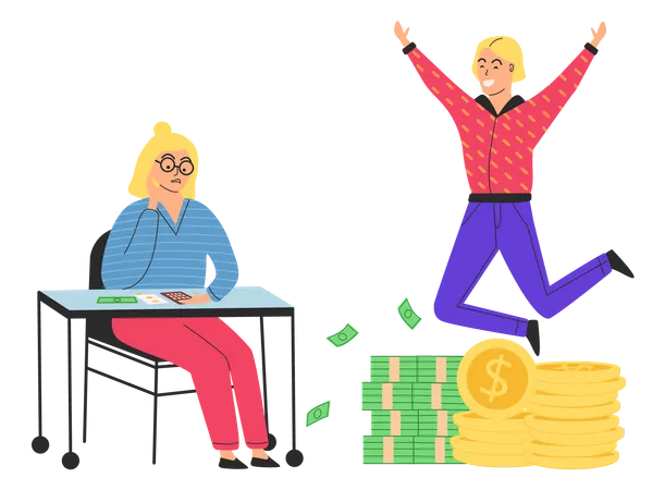 Man jumps and enjoys wealth and poor woman saving money  Illustration