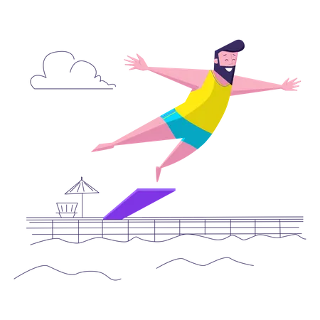 Man jumps off diving board into pool Illustration