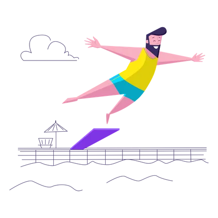 Man jumps off diving board into pool  Illustration