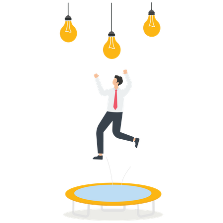 Man jumps on trampoline to reach for light bulb  Illustration