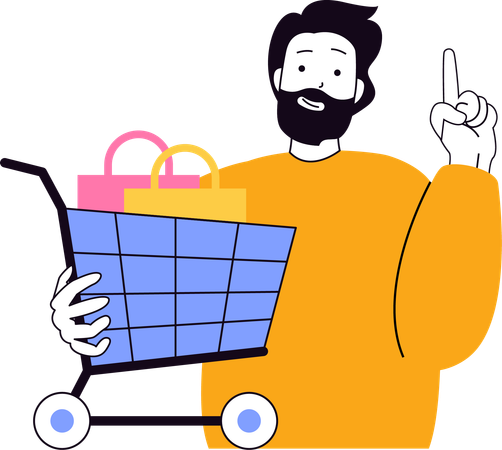 Man keeping purchased items in shopping cart  Illustration