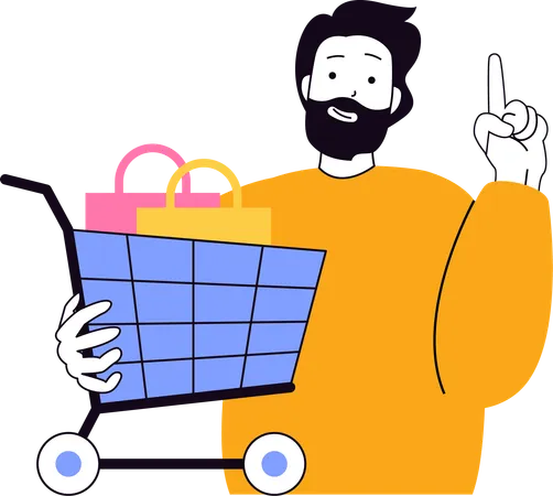 Man keeping purchased items in shopping cart  Illustration