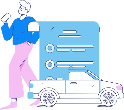 Man keeps his damaged car in insurance  Illustration