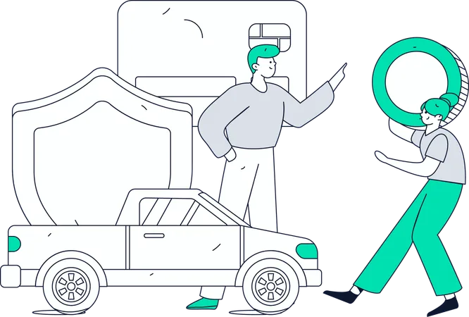 Man keeps his damaged car in insurance  Illustration