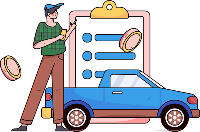 Man keeps his damaged car in insurance  Illustration