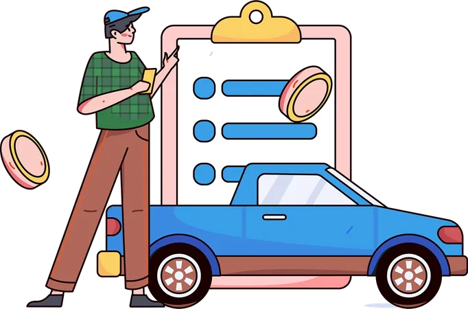 Man keeps his damaged car in insurance  Illustration