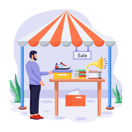 Man keeps sale on shoe in market stall  Illustration