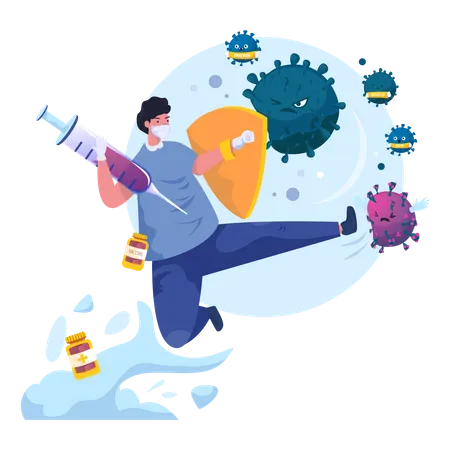 Flat Design Of A Man Fighting A Virus Concept Illustration