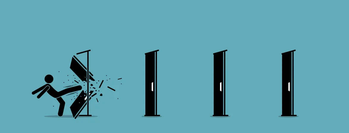 Man kicking down and destroying door one by one Illustration