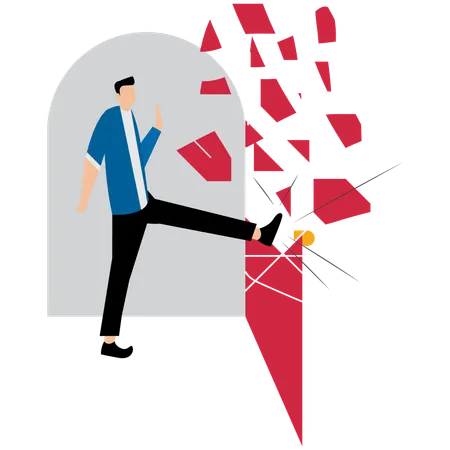 Man kicking locked door and destroy  Illustration